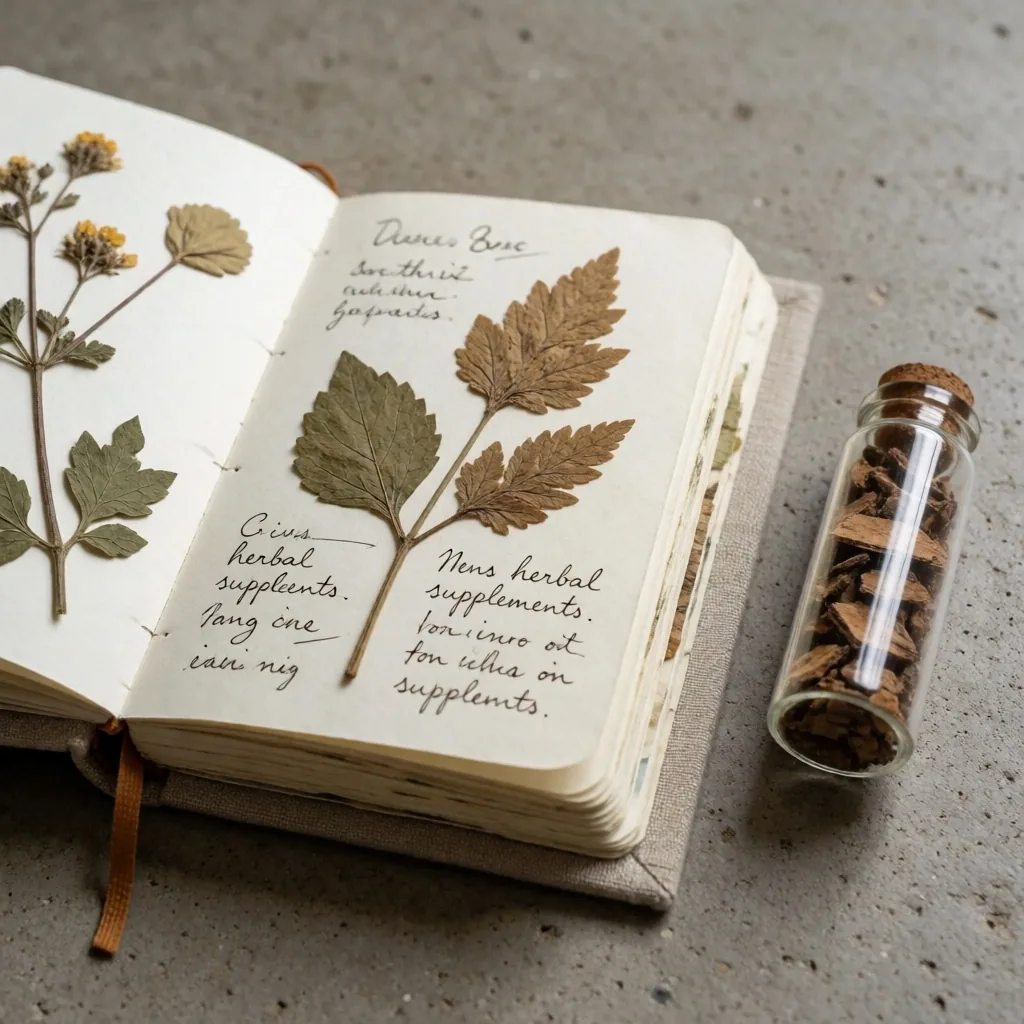 Research notebook with botanical specimens on concrete desk