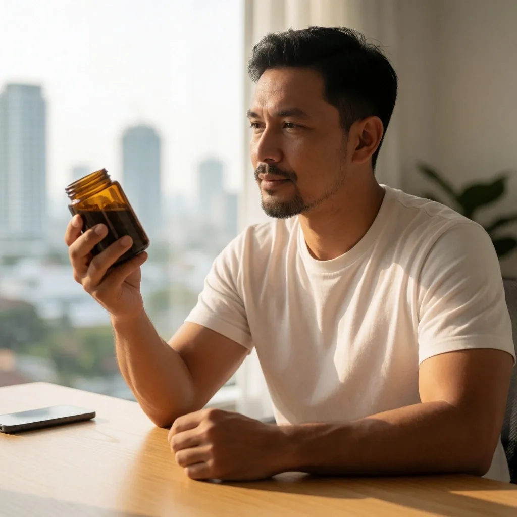 A man examining a jar of supplement capsules at a desk