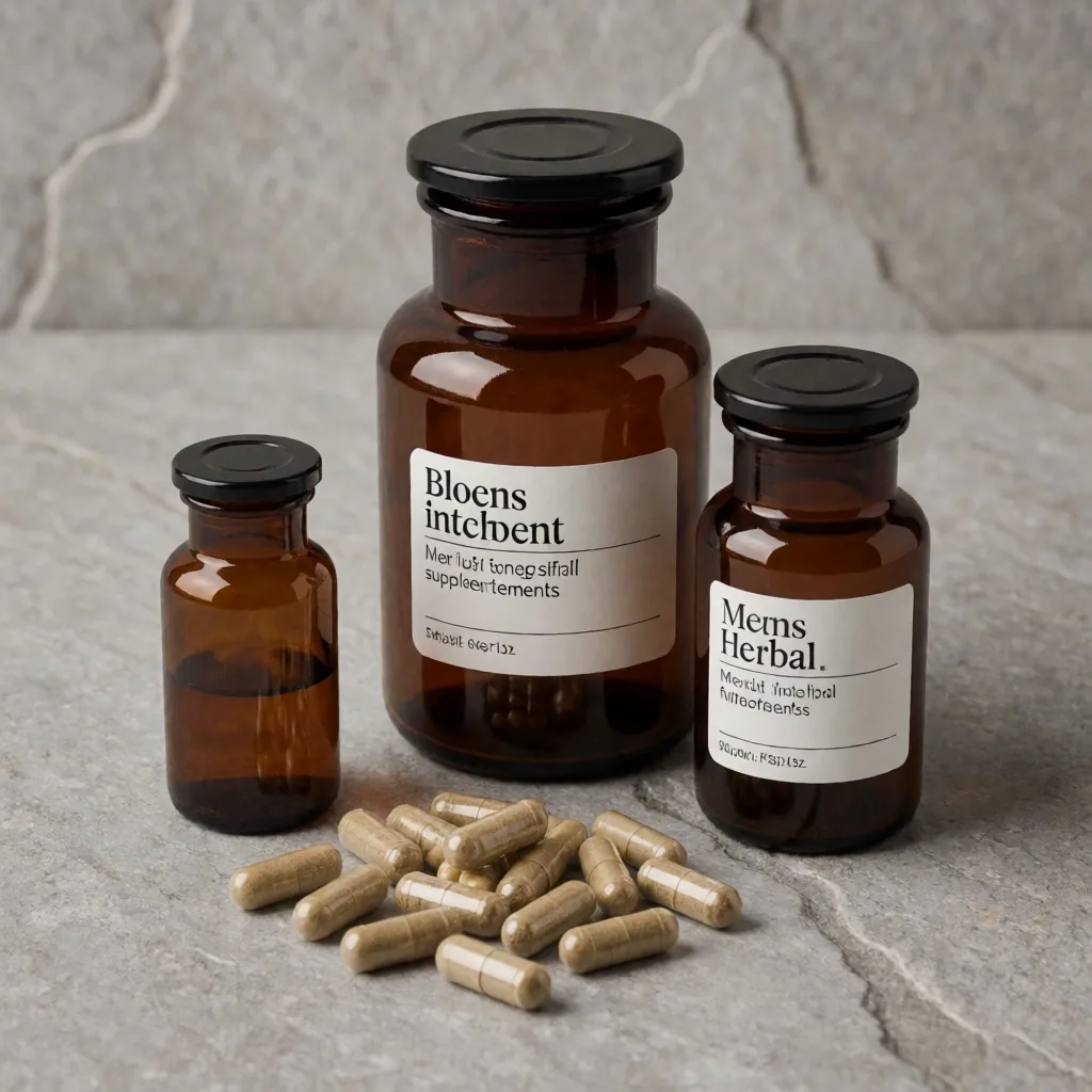Amber glass jars of natural supplements on a concrete table