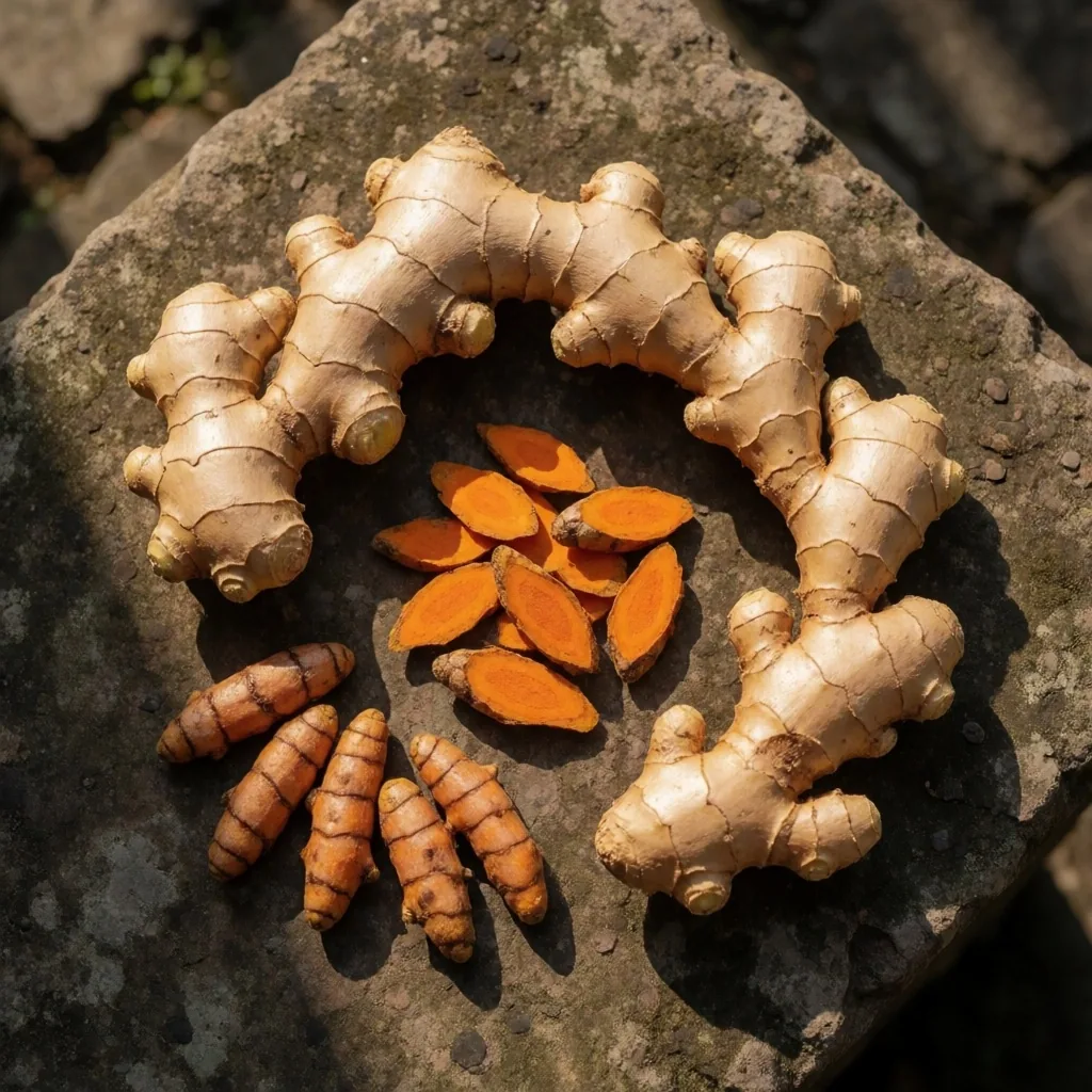 Ginger and turmeric roots arranged on a concrete surface