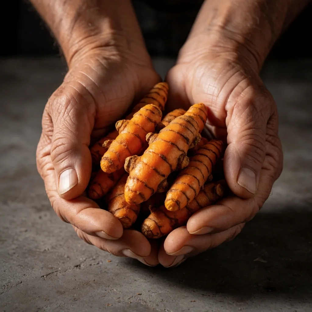 Hands holding dried turmeric roots over concrete