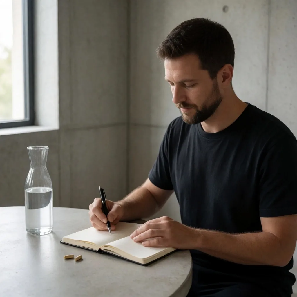 Man journaling at a desk near a harbor view