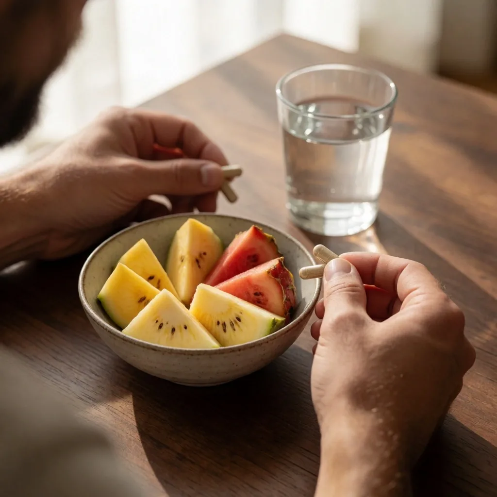 Morning supplement routine with water and fruit