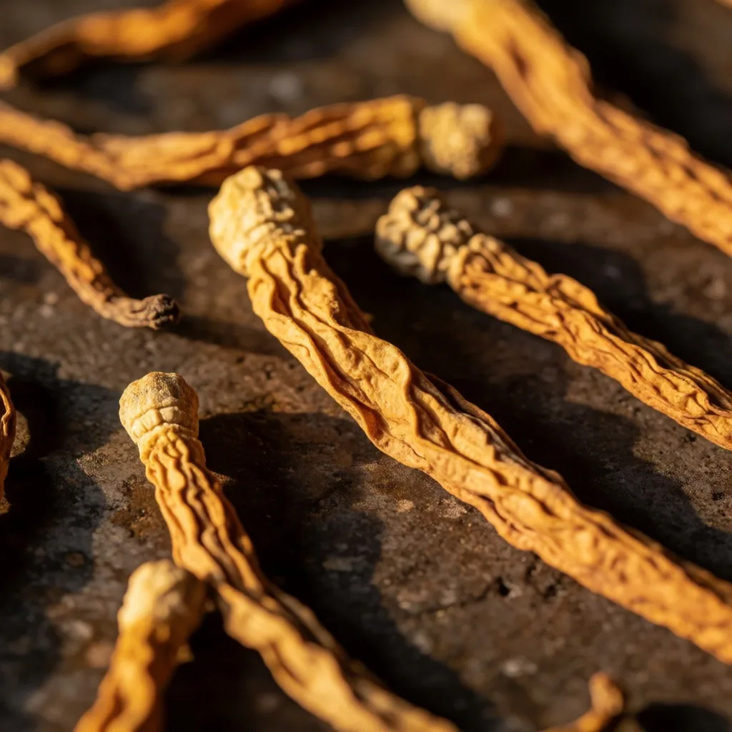 Dried Cordyceps mushroom specimens on dark concrete