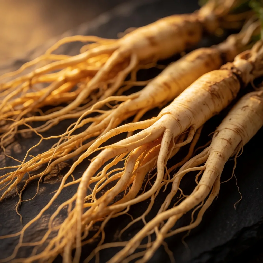 Fresh Panax Ginseng roots arranged on dark stone surface