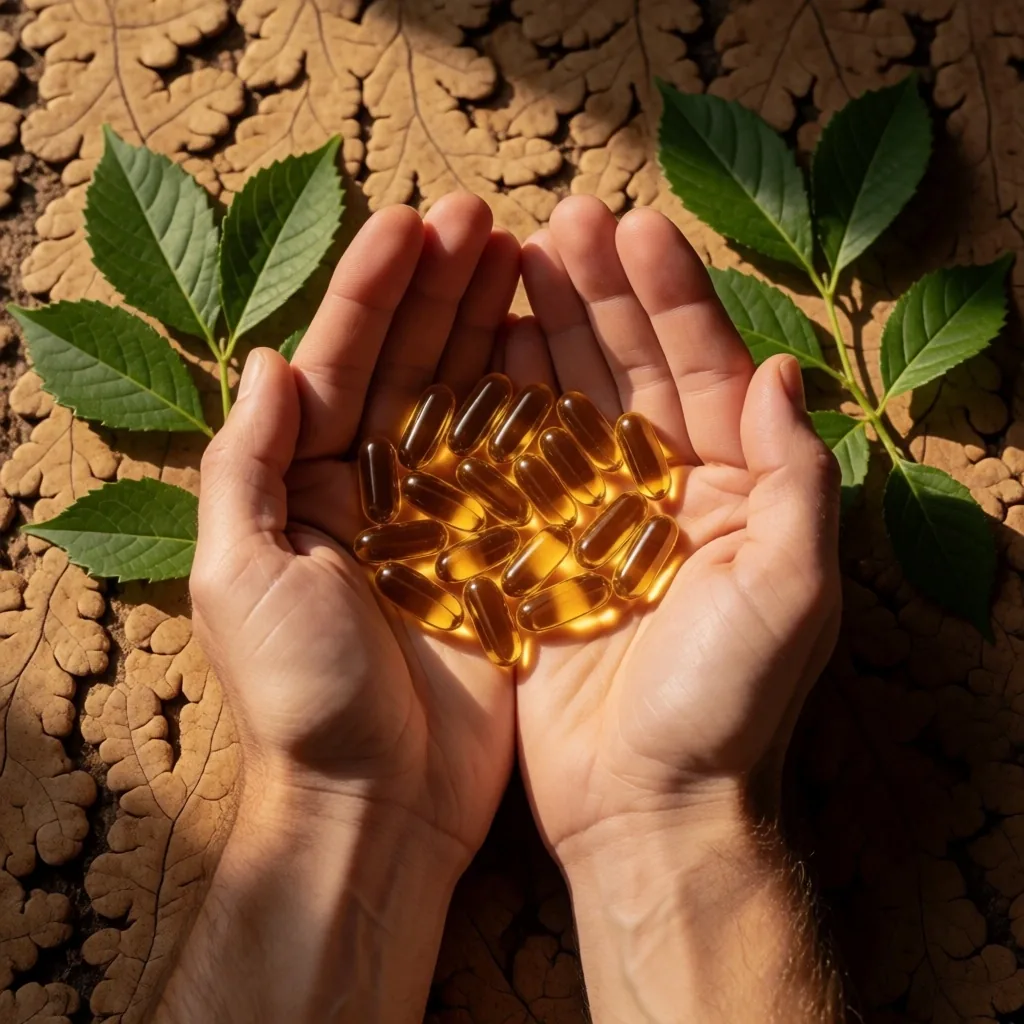 Hands holding supplement capsules and botanical leaves