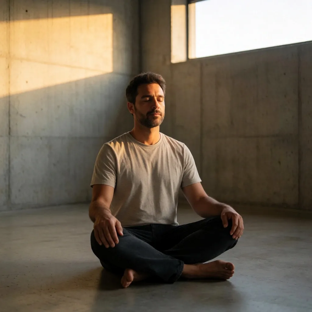 Man meditating in concrete room